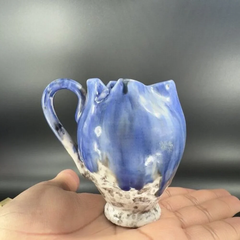 Italian Art Pottery Small Pitcher Creamer Drip Glaze Folded Edges Specked Inside